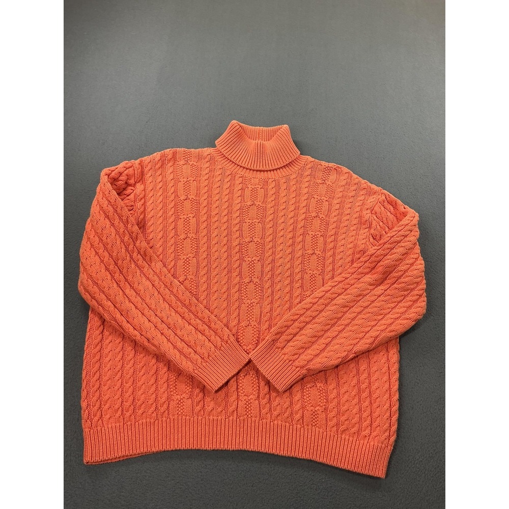 Wainscott Sweater Womens Large Orange‎ 100% Cotton Cable Knit Mock Neck Pullover